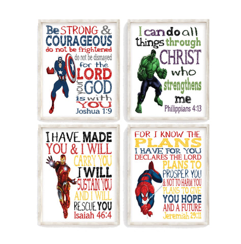Christian Superhero Nursery Decor Set of 4 Unframed Prints - Captain America, Hulk, Ironman and Spiderman with Bible Verses