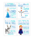 Christian Frozen Nursery Decor Unframed Set of 4 Prints Princess Elsa, Anna, Sven and Olaf with Bible Verses