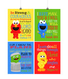 Sesame Street Christian Nursery Decor Set of 4 Prints, Big Bird, Cookie Monster, Elmo and Oscar the Grouch with Bible Verses