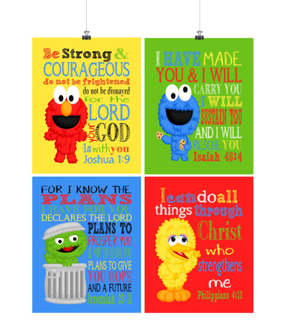 Sesame Street Christian Nursery Decor Set of 4 Prints, Big Bird, Cookie Monster, Elmo and Oscar the Grouch with Bible Verses