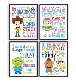 Toy Story Christian Nursery Decor Set of 4 Prints, Woody, Buzz Lightyear, Mr. Potato Head and Alien