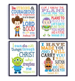 Toy Story Christian Nursery Decor Set of 4 Prints, Woody, Buzz Lightyear, Mr. Potato Head and Alien