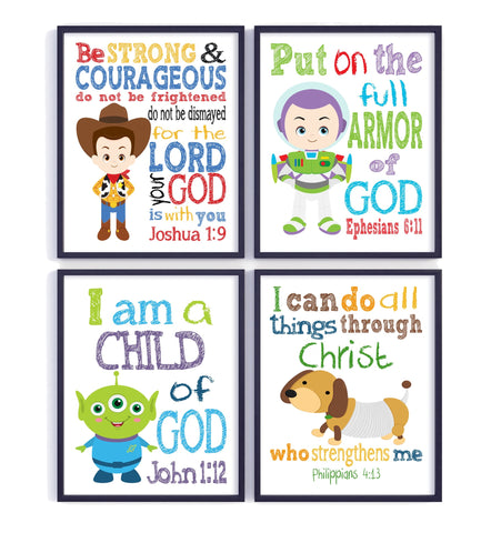 Toy Story Christian Nursery Decor Set of 4 Unframed Prints, Woody, Buzz Lightyear, Slinky Dog and Alien