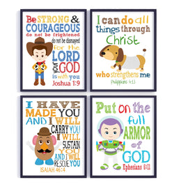 Toy Story Christian Nursery Decor Set of 4 Unframed Prints, Woody, Buzz Lightyear, Slinky Dog and Mr. Potato Head