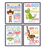 Toy Story Christian Nursery Decor Set of 4 Unframed Prints, Woody, Buzz Lightyear, Rex and Bullseye