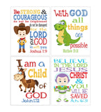 Toy Story Christian Nursery Decor Set of 4 Unframed Prints, Woody, Buzz Lightyear, Rex and Bullseye