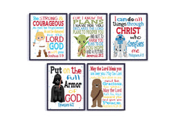 Space Wars Christian Nursery Decor Set of 5 Unframed Prints - Luke Skywalker, Yoda, Darth Vader, R2D2 and Cewbacca with Bible Verses