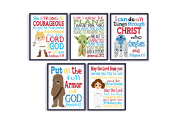 Space Wars Christian Nursery Decor Set of 5 Unframed Prints - Luke Skywalker, Yoda, Princess Leia, R2D2 and Chewbacca