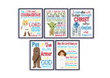 Space Wars Christian Nursery Decor Set of 5 Unframed Prints - Luke Skywalker, Yoda, Princess Leia, R2D2 and Chewbacca