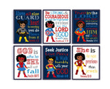 African American Girl Superhero Christian Nursery Set of 6 Prints, Batgirl, Captain America, Spidergirl, Supergirl, Irongirl and Wonder Woman