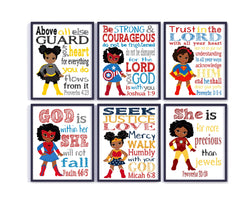 African American Girl Superhero Christian Nursery Set of 6 Prints, Batgirl, Captain America, Spidergirl, Irongirl, Supergirl and Wonder Woman