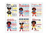 African American Girl Superhero Christian Nursery Set of 6 Prints, Batgirl, Captain America, Spidergirl, Irongirl, Supergirl and Wonder Woman