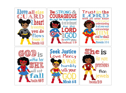 African American Girl Superhero Christian Nursery Set of 6 Prints, Wonder Woman, Captain America, Spidergirl, Irongirl, Supergirl and Batgirl with Bible Verses