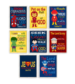 Christian Superhero Nursery Decor Set of 8 Unframed Prints Captain America, Superman, Thor, Hulk and Spiderman with Bible Verses