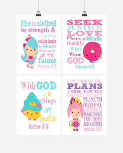 Shopkins Christian Nursery Decor Set of 4 Prints, Jessicake, Dlish Donut, Cupcake Queen and Bubbleisha with Bible Verses
