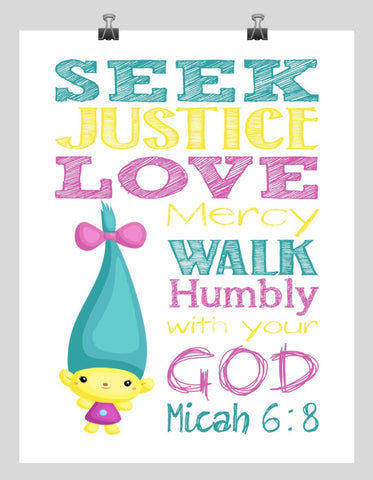 Smidge Trolls Christian Nursery Decor Print, Seek Justice Love Mercy Micah 6:8