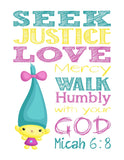 Smidge Trolls Christian Nursery Decor Print, Seek Justice Love Mercy Micah 6:8