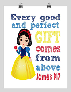 Snow White Christian Princess Nursery Decor Wall Art Print - Every Good and Perfect Gift Comes From Above - James 1:17