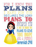 Snow White Christian Princess Nursery Decor Wall Art Print - For I Know The Plans I Have For You - Jeremiah 29:11 Bible Verse - Multiple Sizes