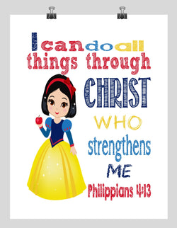 Snow White Christian Princess Nursery Decor Art Print - I Can Do All Things Through Christ Who Strengthens Me - Philippians 4:13