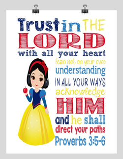 Snow White Christian Princess Nursery Decor Wall Art Print - Trust in the Lord with all your heart - Proverbs 3:5-6 Bible Verse - Multiple Sizes