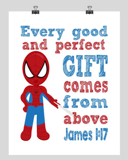Spiderman Superhero Christian Nursery Decor Print - Every Good and Perfect Gift Comes From Above - James 1:17