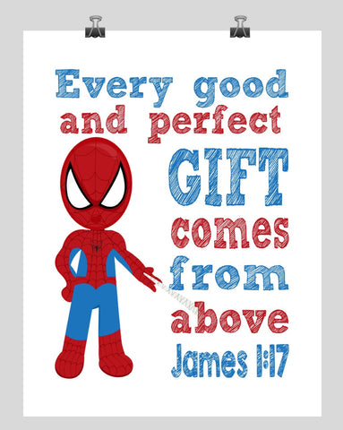 Spiderman Superhero Christian Nursery Decor Print - Every Good and Perfect Gift Comes From Above - James 1:17