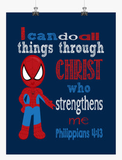 Spiderman Superhero Christian Nursery Decor Art Print - I can do all things trough Christ Philippians 4:13