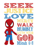 Superhero Christian Nursery Decor Art Print Set of 4 -Batman, Captain America, Spider-Man and Hulk