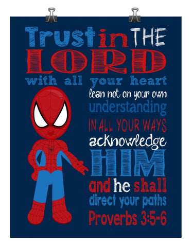 Spiderman Christian Superhero Nursery Decor Art Print - Trust in the Lord with all your heart - Proverbs 3:5-6 Bible Verse