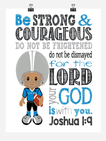 African American Carolina Panthers Personalized Christian Sports Nursery Decor Print - Be Strong and Courageous Joshua 1:9