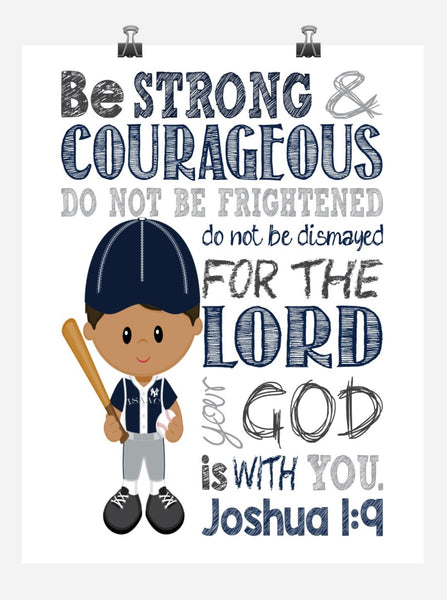 African American New York Yankees Personalized Christian Sports Nursery Decor Print - Be Strong & Courageous Joshua 1:9
