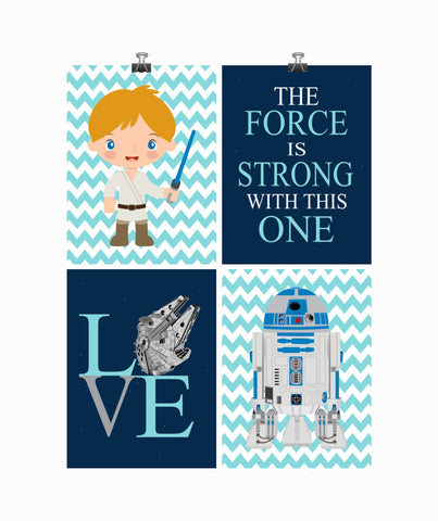 Star Wars Nursery Decor Set of 4 Prints, The Force is Strong with this One, Love, R2D2 and Luke Skywalker