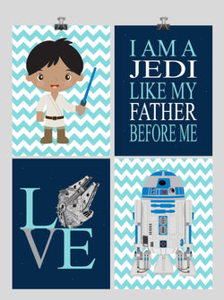 African American Space Wars Nursery Decor Set of 4 Prints, I Am A Jedi Like My Father Before Me, Love, R2D2 and Luke Skywalker