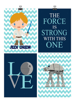 Personalized Space Wars Nursery Decor Set of 4 Unframed Prints The Force Is Strong With This One, Love AT AT and Luke Skywalker
