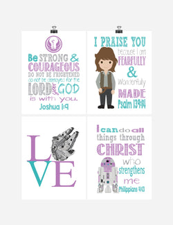 Star Wars Set of 4 - Christian Nursery Decor Wall Art Print - Jyn, R2D2, Love - Bible Verse - Multiple Sizes
