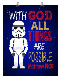 Stormtrooper Christian Star Wars Nursery Decor Print, With God All Things Are Possible Matthew 19:26