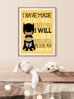 African American Batman Superhero Christian Nursery Decor Unframed Print, I Have Made You and I Will Rescue You - Isaiah 46:4