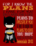 Superhero Christian Nursery Set of 4 Unframed Prints - Batman, Ironman, Superman and Hulk with Bible Verses