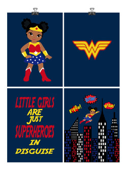 African American Wonder Woman Superhero Nursery Art Print Set of 4 - Little Girls Are Just Superheroes In Disguise
