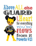 African American Christian Superhero Nursery Decor Art Print Set of 4 -Wonder Woman, Catgirl, Supergirl and Hulk