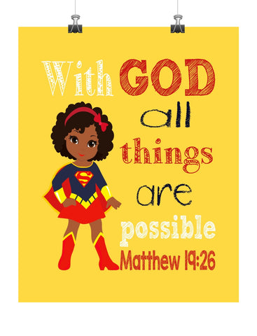 African American Supergirl Christian Superhero Nursery Decor Wall Art Print - With God all things are possible - Matthew 19:26