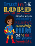 African American Supergirl Christian Superhero Nursery Decor Art Print - Trust in the Lord with all your heart - Proverbs 3:5-6