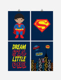 African American Superhero Set of 4 Wall Art Prints - Superman, Dream Big Little One - Nursery, Playroom or Kids Room Decor