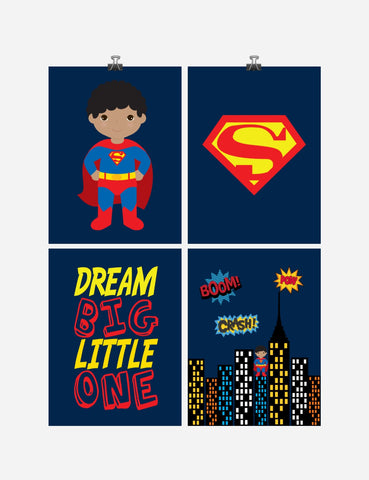 African American Superhero Set of 4 Wall Art Prints - Superman, Dream Big Little One - Nursery, Playroom or Kids Room Decor