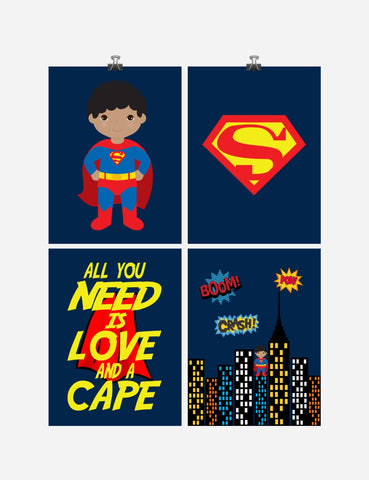 African American Superhero Set of 4 Wall Art Prints - Superman, All You Need Is Love And A Cape - Nursery, Playroom or Kids Room Decor