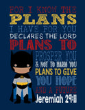 African American Superhero Christian Nursery Decor Set of 4 Prints - Batman, Captain America, Superman and Spiderman