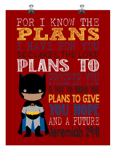 African American Batman Christian Superhero Nursery Decor Art Print - For I Know The Plans - Jeremiah 29:11
