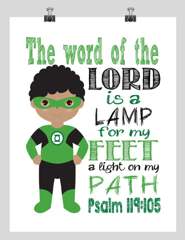 African American Green Lantern Christian Superhero Nursery Decor Wall Art - The word of the Lord is a Lamp for my Feet