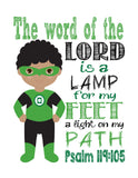 African American Green Lantern Christian Superhero Nursery Decor Wall Art - The word of the Lord is a Lamp for my Feet